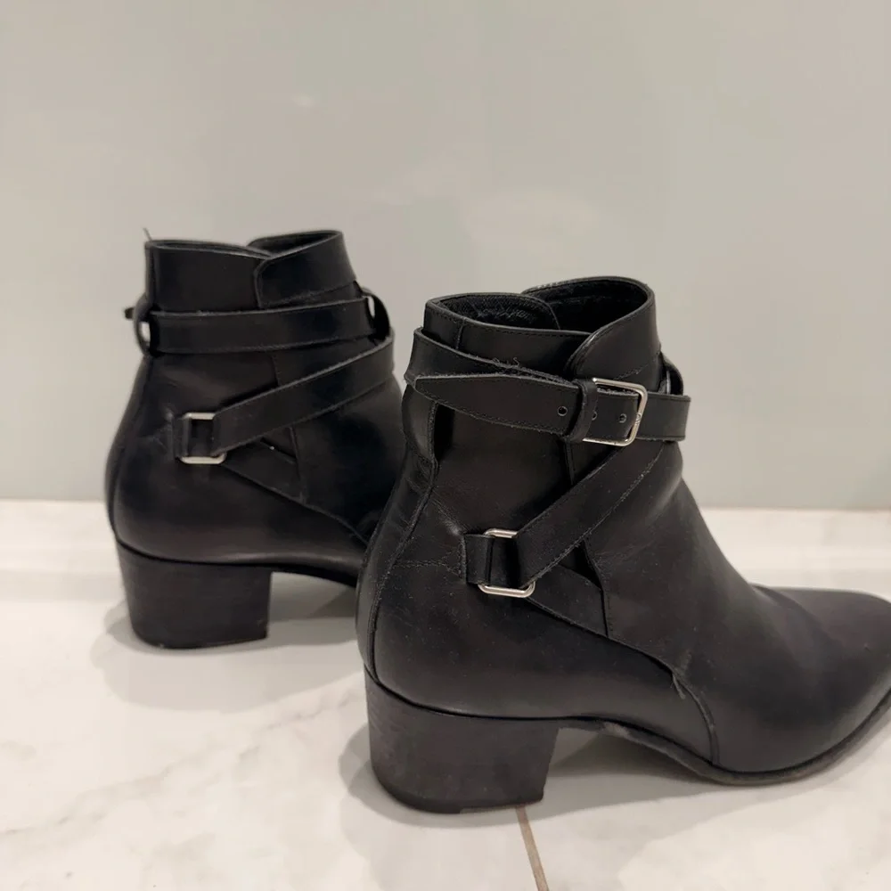 Saint Laurent Black Leather Ankle Booties with Buckle Straps - Picture 2 of 12